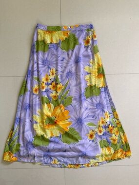 Vintage Millenium Lilac Floral A-Line Maxi Skirt with Yellow Bloom Accents